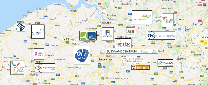 Deelnemende FLIPR-ziekenhuizen in Vlaanderen.